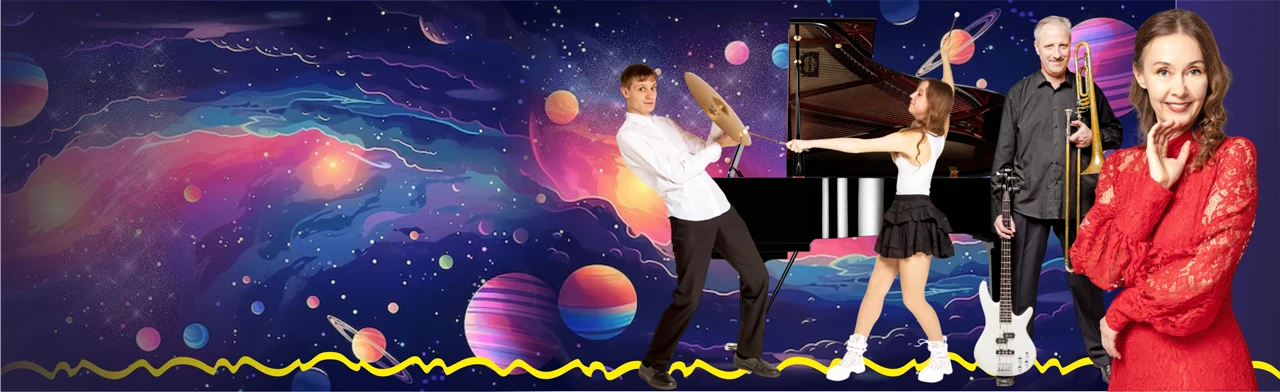 Постер КОСМОС КЛАССИКА ДЖАЗ — концерт звёздных, искрящихся красотой миниатюр — квартет КругоСвет-бэнд во дворце на Невском — вечеринка с фуршетом в Музее ностальгии в Санкт-Петербурге